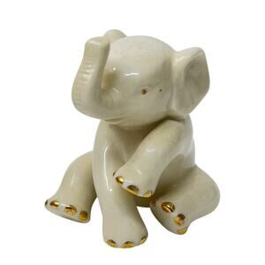 Lenox Porcelain Sitting Baby Elephant Figurine White & 24K Gold Accents Trunk Up